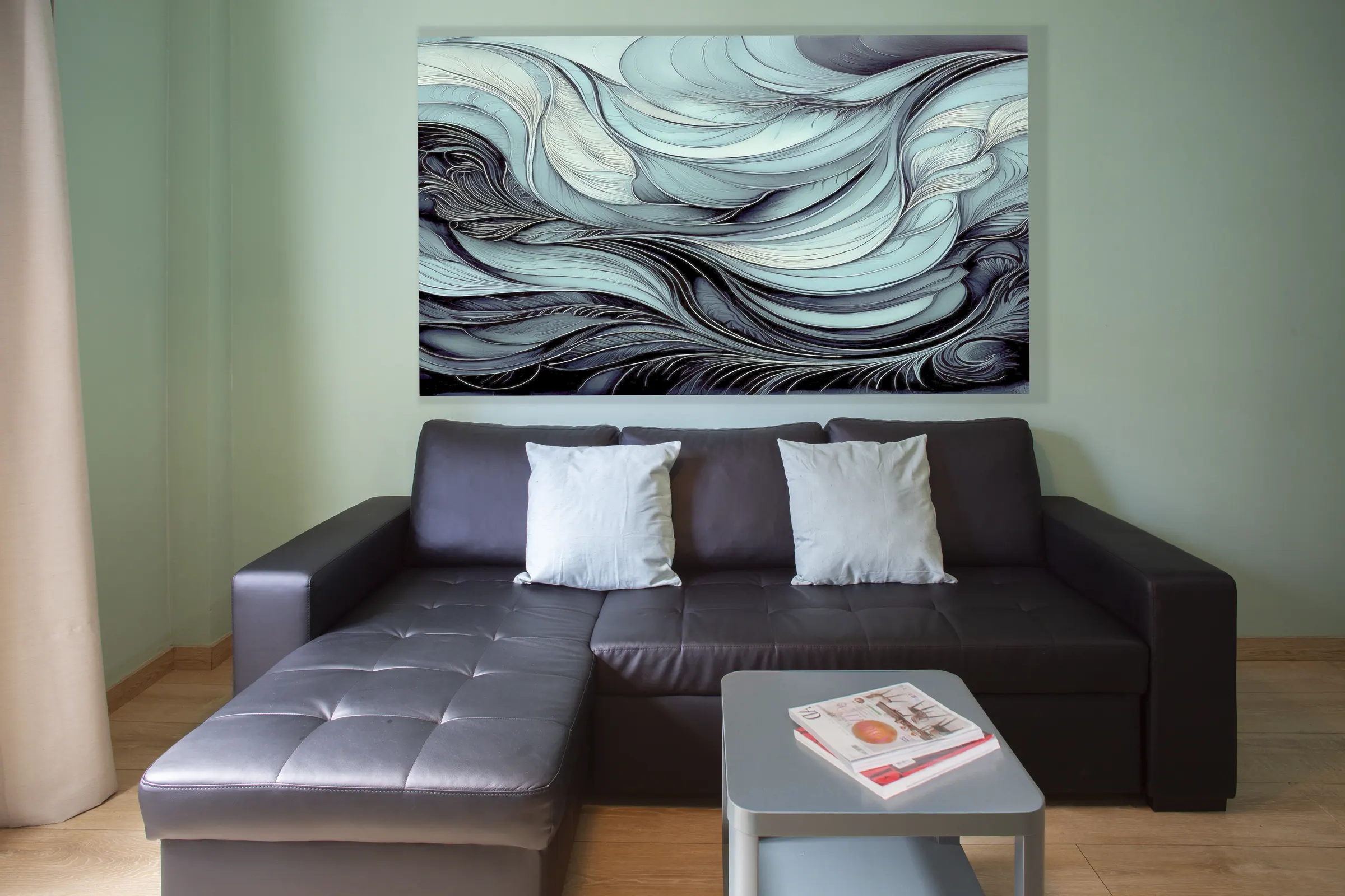 Living room with chaise-longue sofa and abstract painting