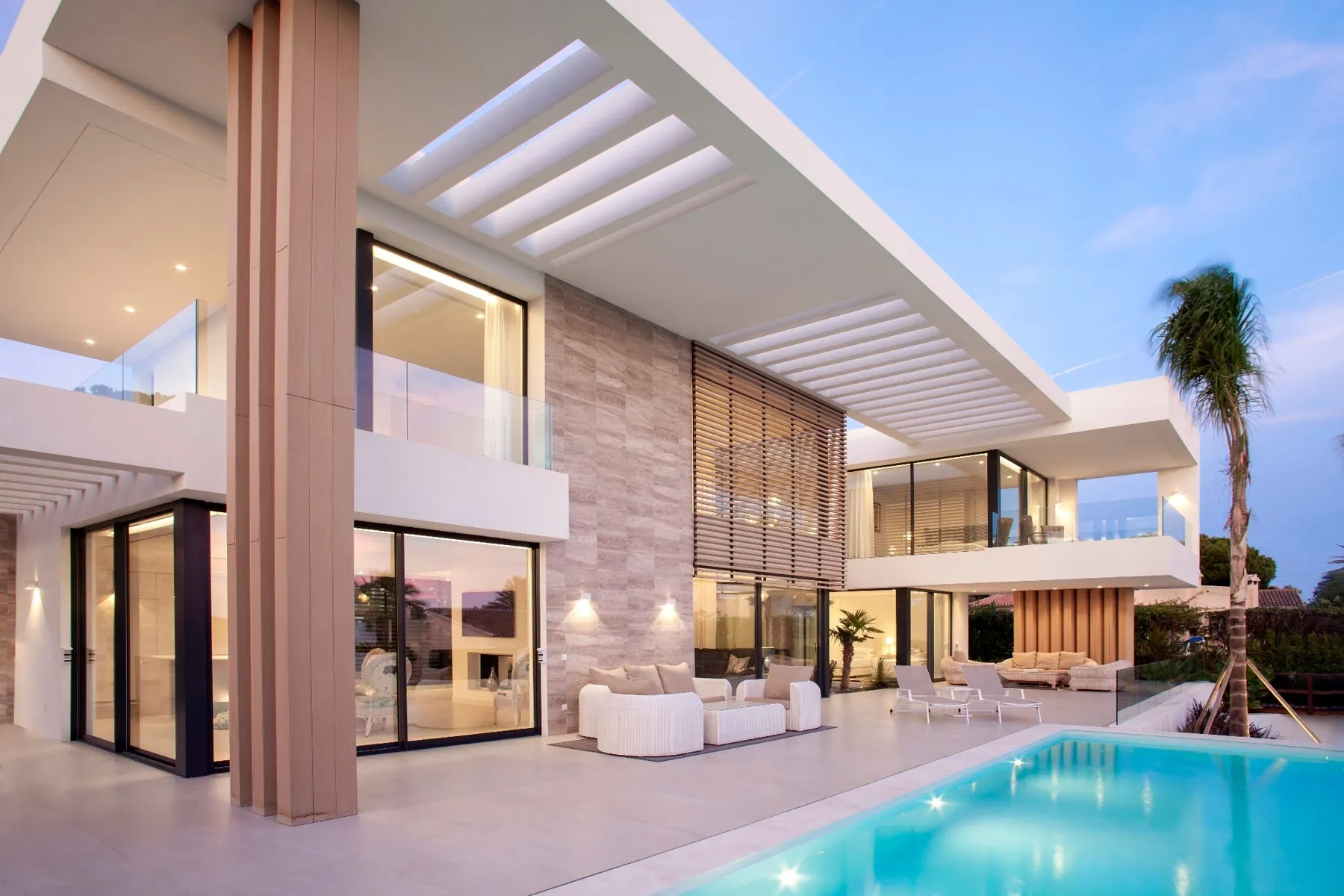 Porch and pool at sunset