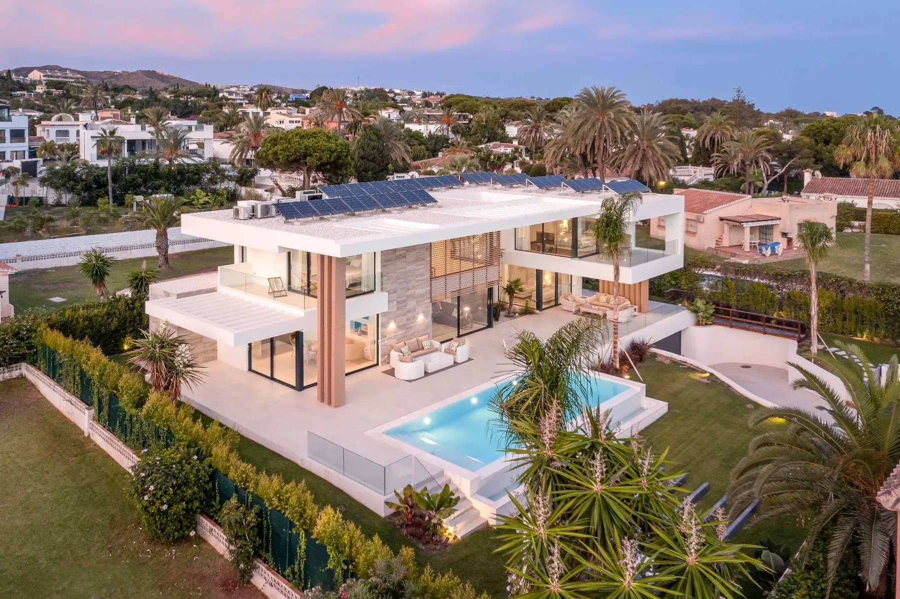 Aerial view of the villa and garden