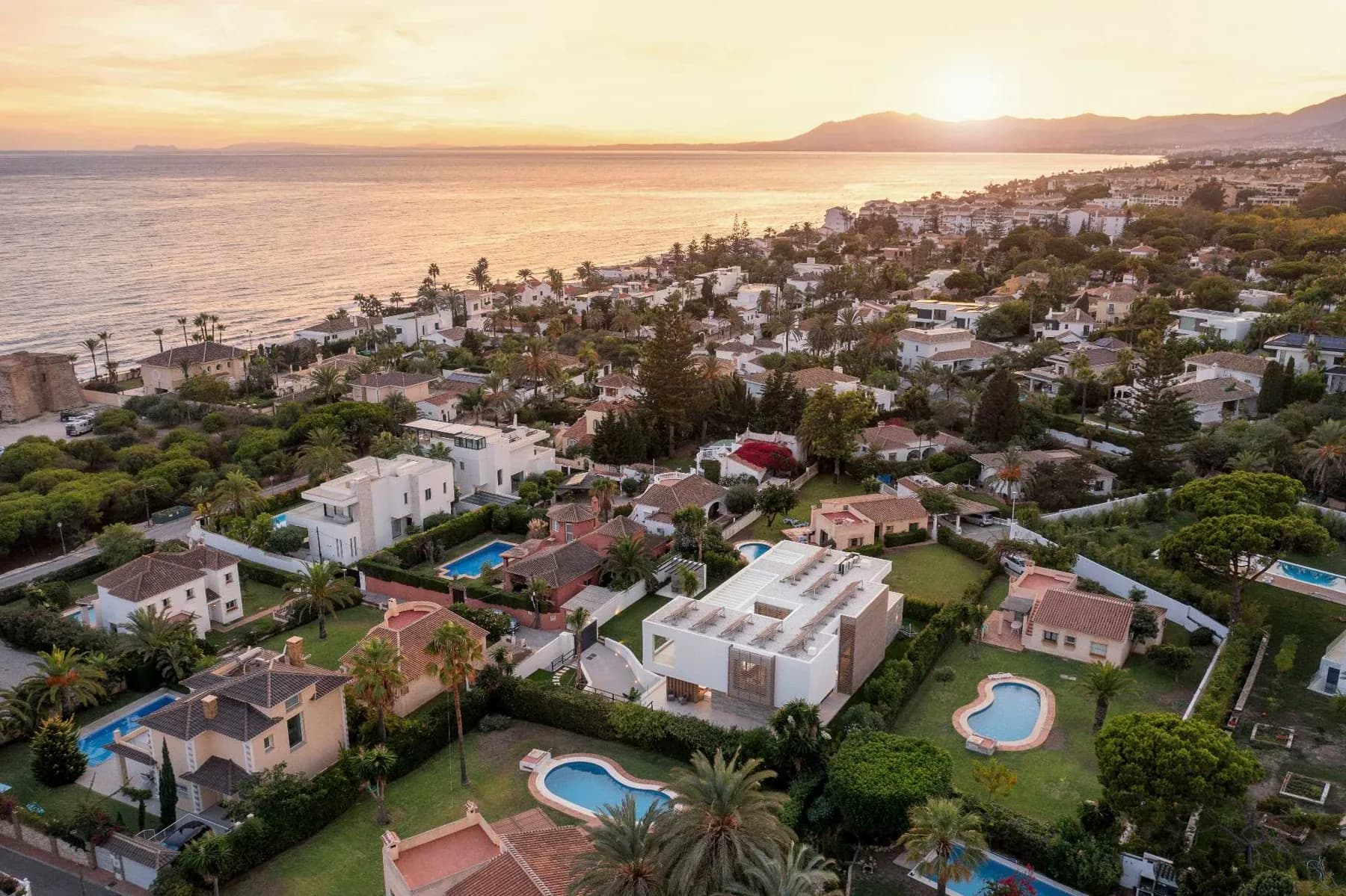 Aerial view of Marbella and the Mediterranean at sunset