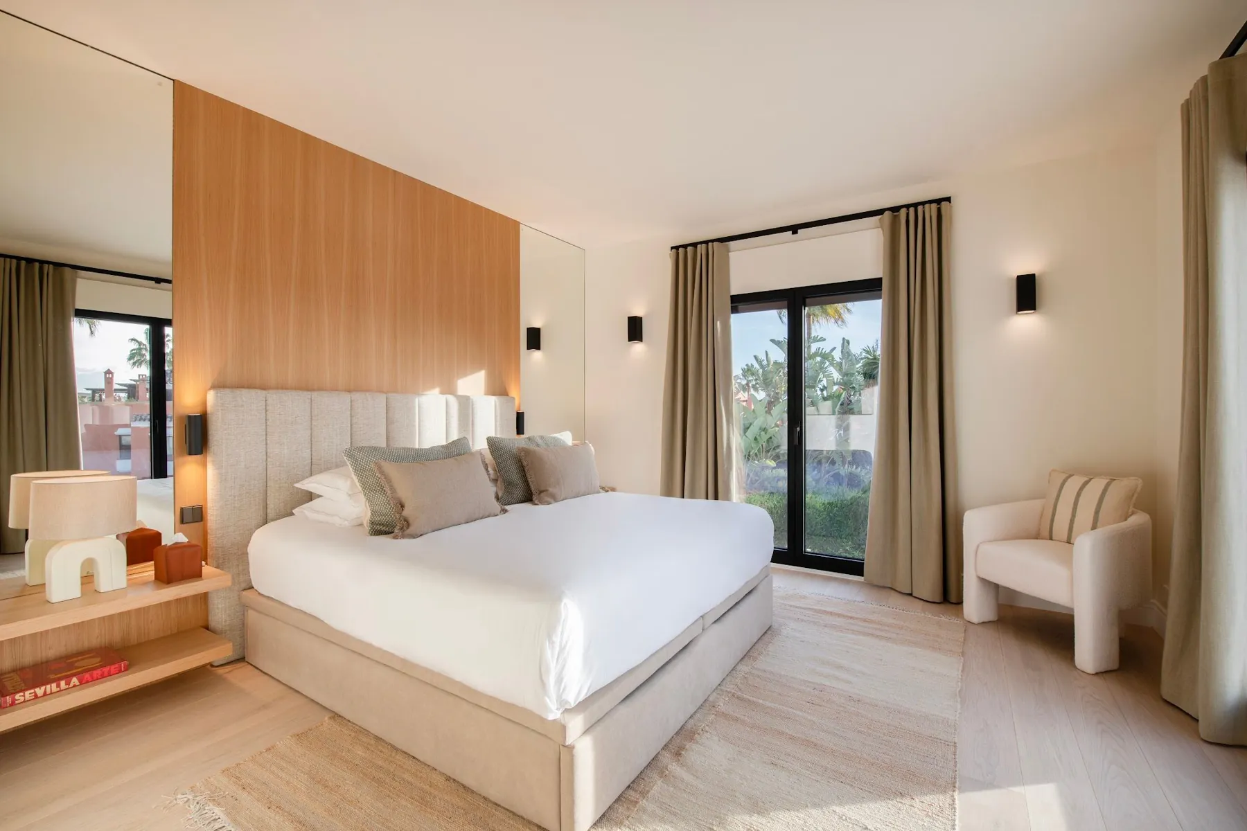 Serene bedroom with wooden panel
